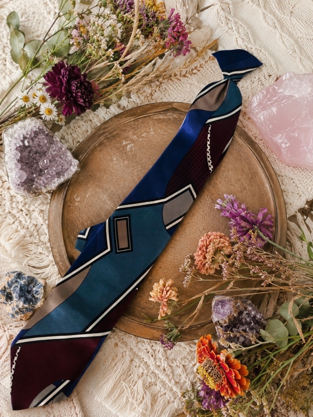 4/$15 Silk Geometric Skinny Scarf — Teal, Navy & Burgundy Clip On Vintage